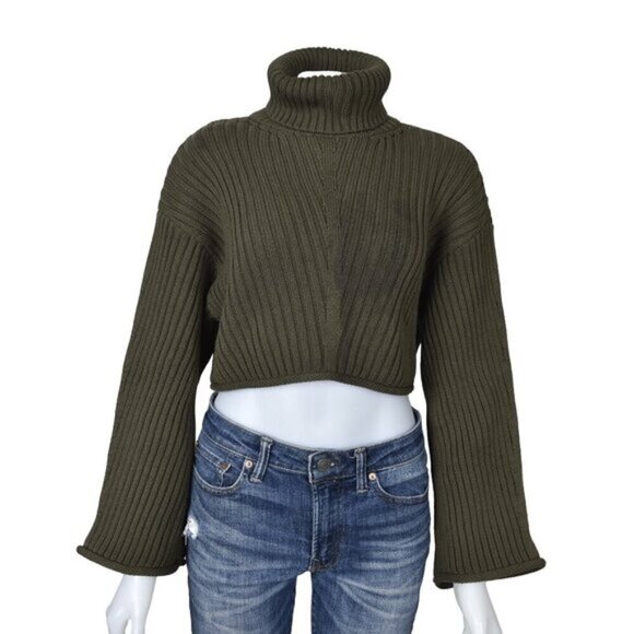 NWT Zara Ribbed Knit Cropped Sweater Turtleneck Khaki Green Size Small - Picture 6 of 16